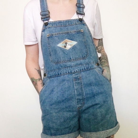 Vintage Pants - Vintage 90s Mickey Mouse Denim Overall Shorts